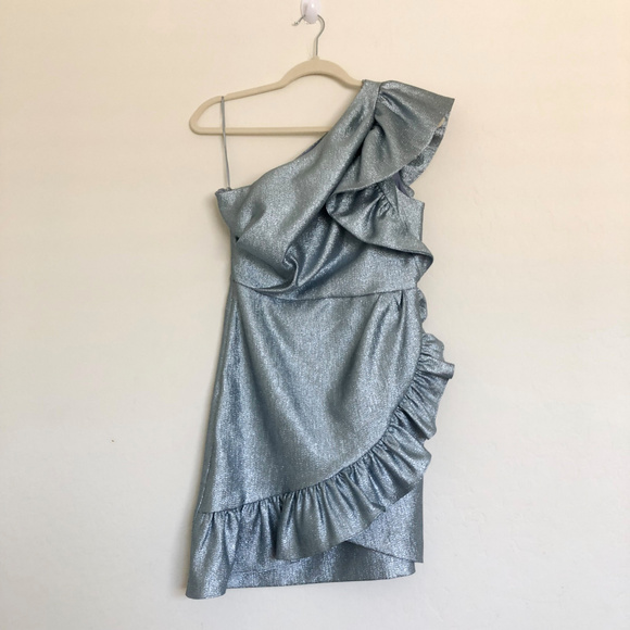 TOPSHOP Blue One-Shoulder Ruffle Minidress - Picture 2 of 7